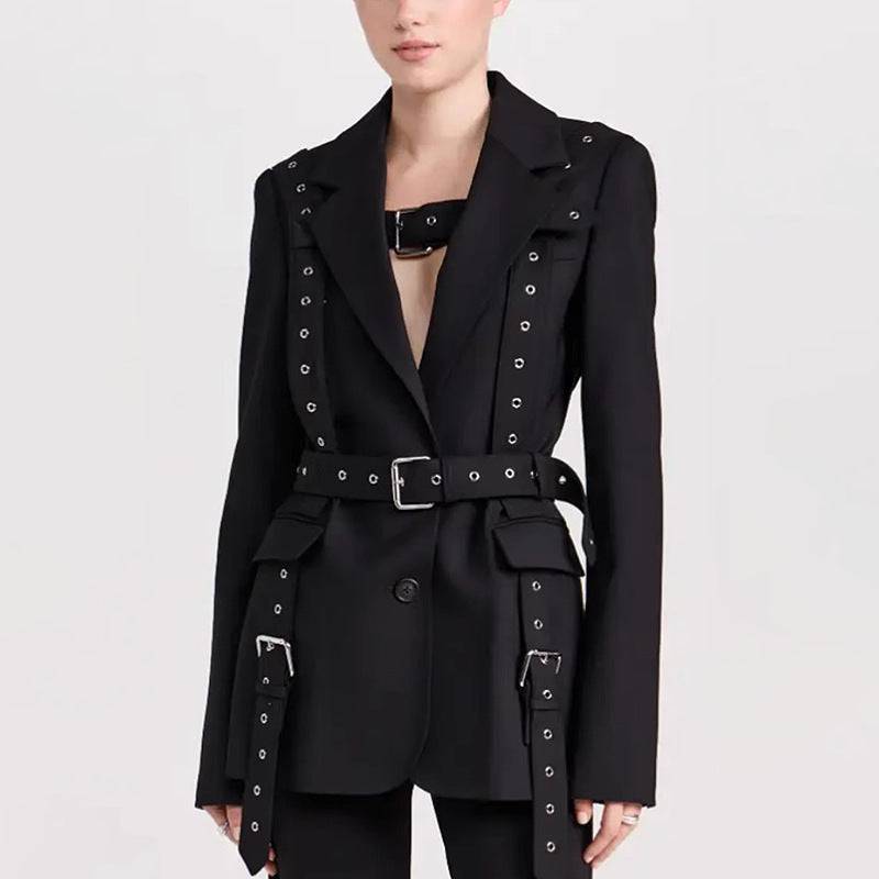 Rivet Buckle Slim Office Blazer with Chic Design for Women  S Black 