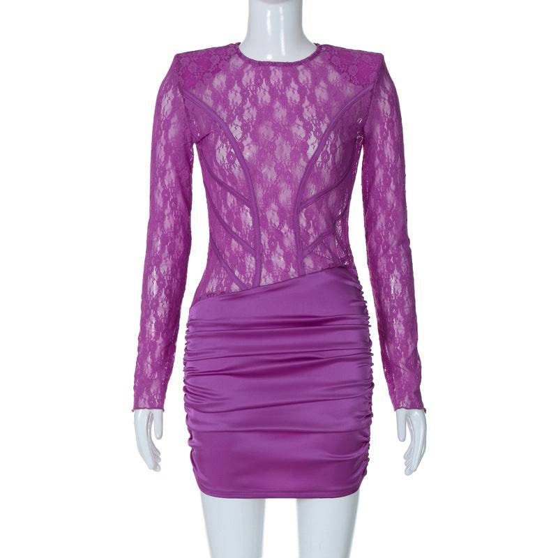 Seductive Backless Lace Dress with Long Sleeves for Winter Parties  S Purple 