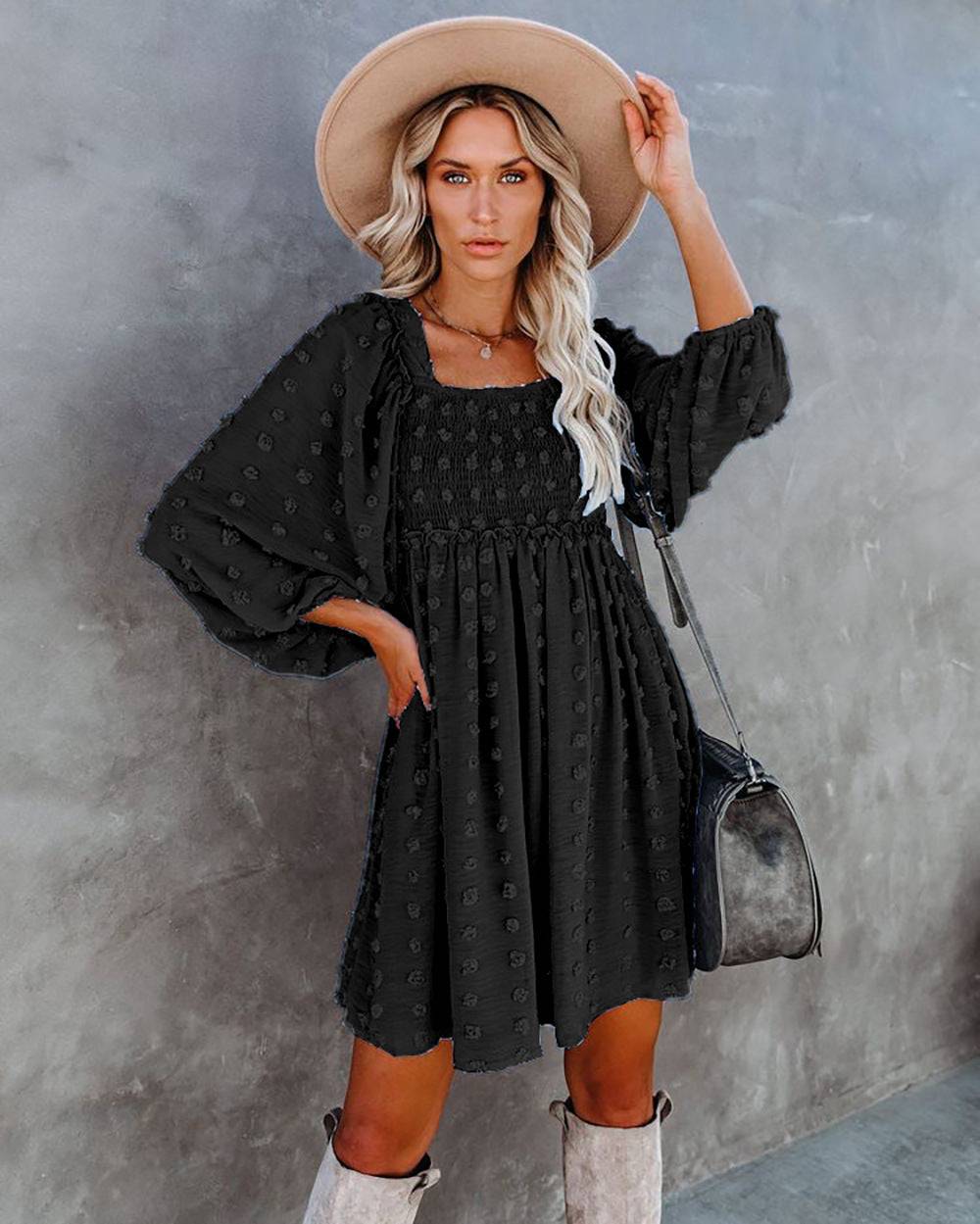 Polka Dot Chiffon A-Line Dress with Lantern Sleeves  S Black 