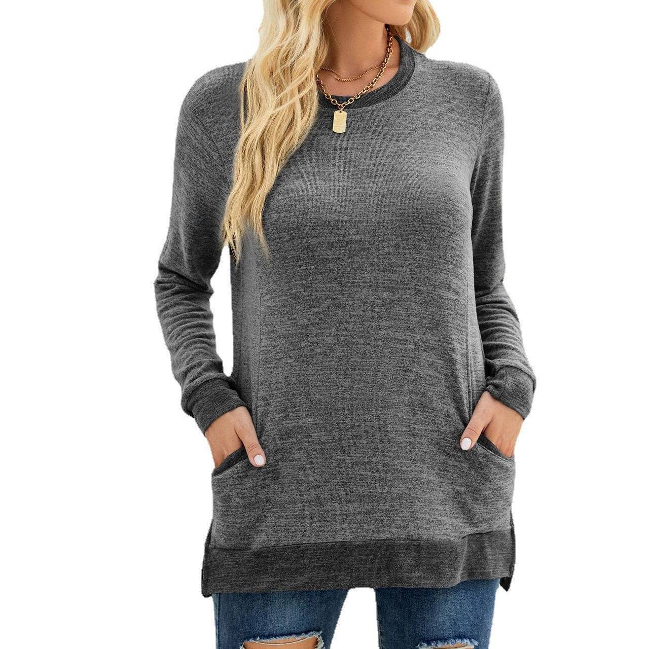 Multicolor Long Sleeve Pullover Top with Pocket  S Dark Grey 