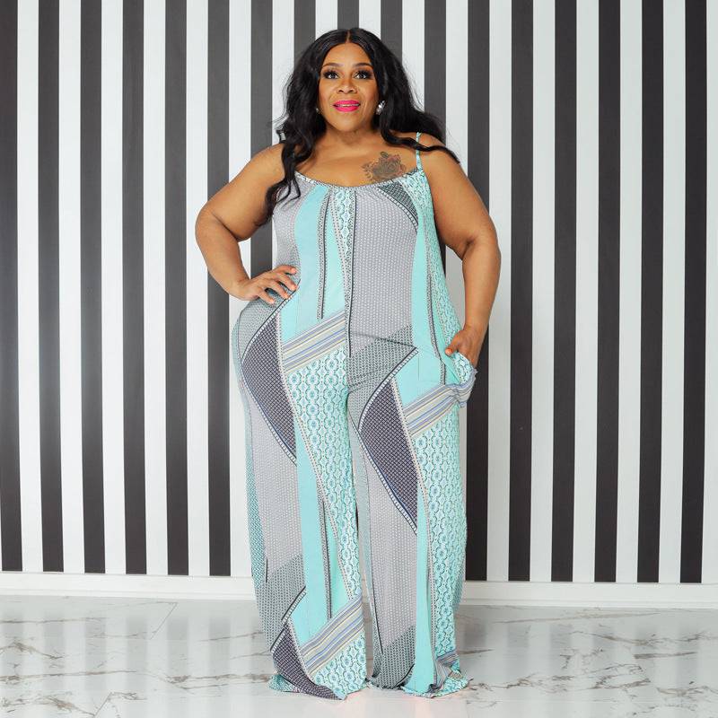 Plus Size Suspender Printed Loose Casual Women Clothing One-Piece Trousers - Wild Amber Fashion