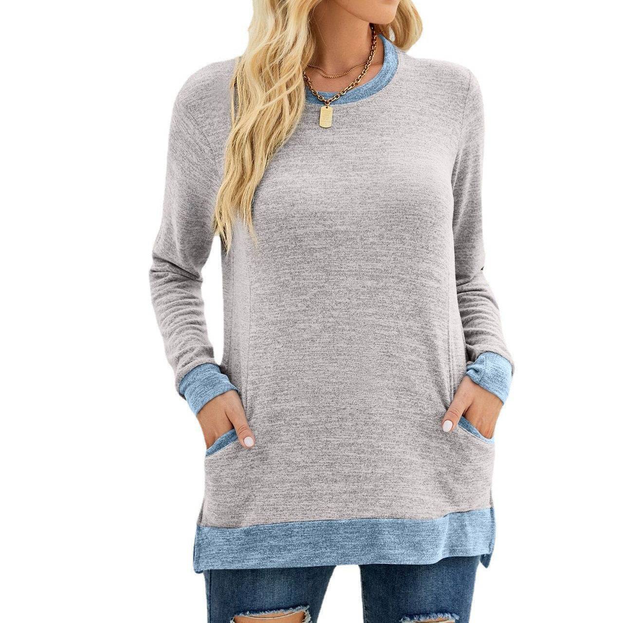 Multicolor Long Sleeve Pullover Top with Pocket  S Light Gray 