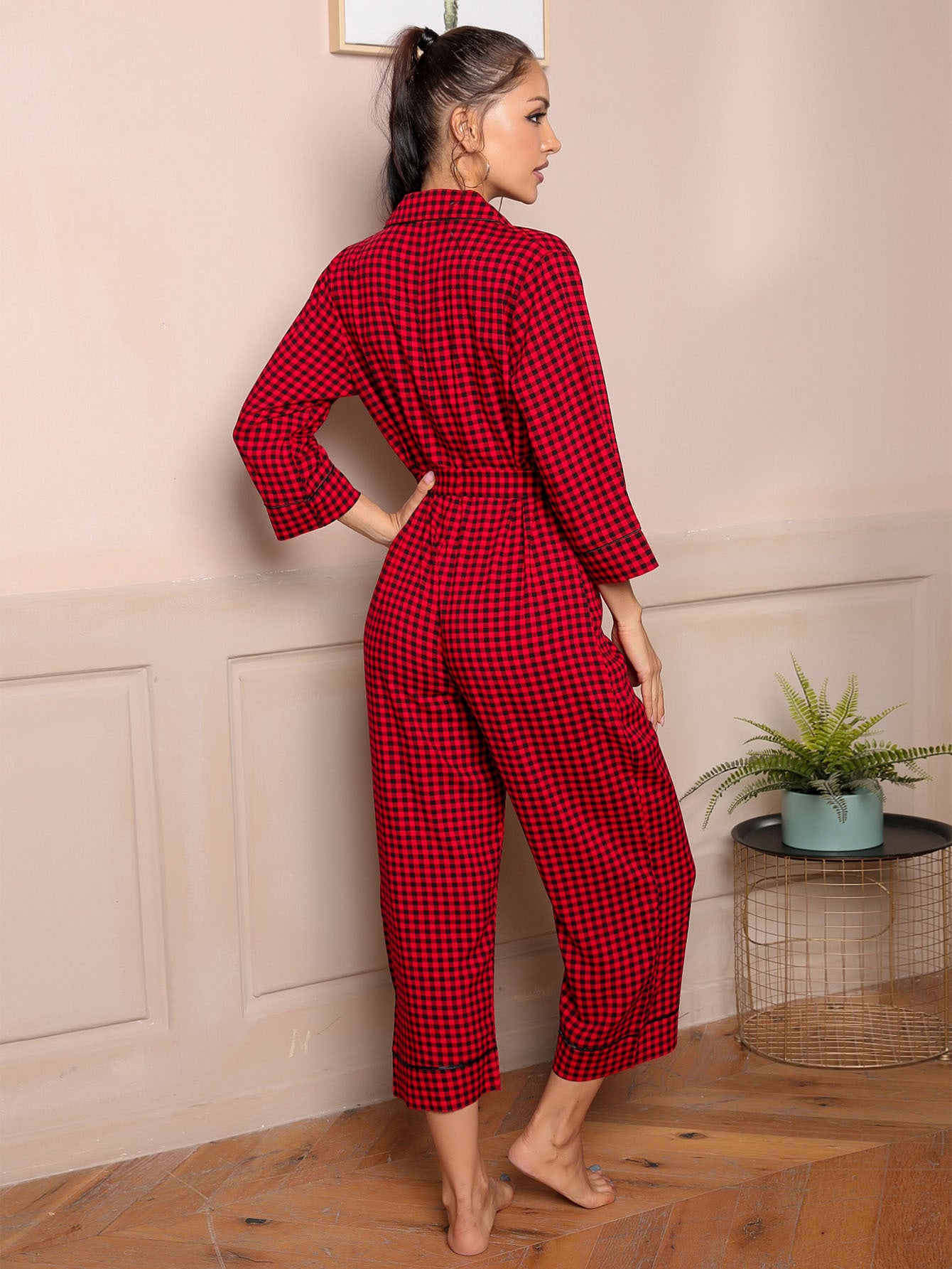 Spring Summer Pajamas Three Quarter Length Sleeves Cardigan V neck Simplicity Red Plaid Jumpsuit Home Wear - Wild Amber Fashion