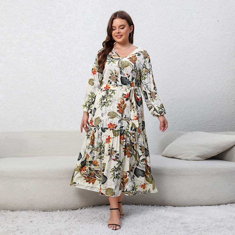 Plus Size Spring Dress Printed V neck Long Sleeve Floral Dress Loose Swing Dress - Wild Amber Fashion