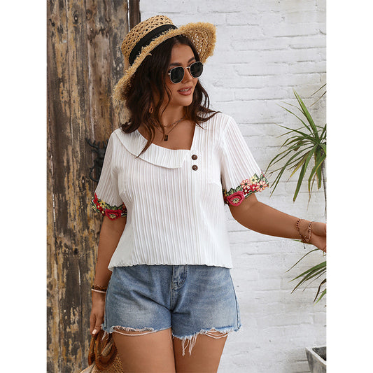 Plus Size Women Summer V Neck Loose Pullover Top Embroidered Edge Short Sleeved Shirt Women Shirt - Wild Amber Fashion