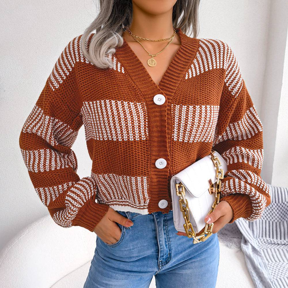 Striped Lantern Sleeve Cardigan Sweater for Women  S Brown 