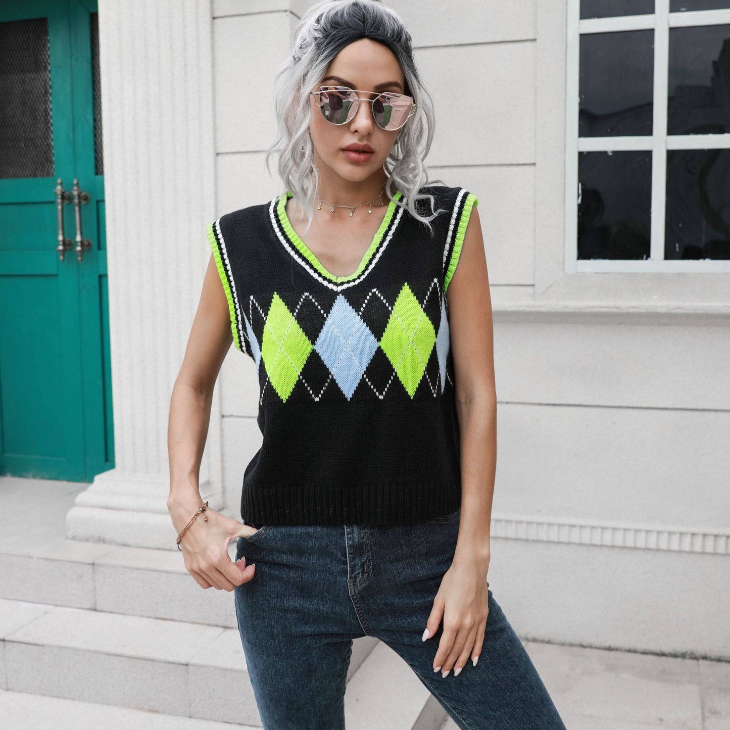 Rhombus V-neck Plaid Vest Sweater  S Green 