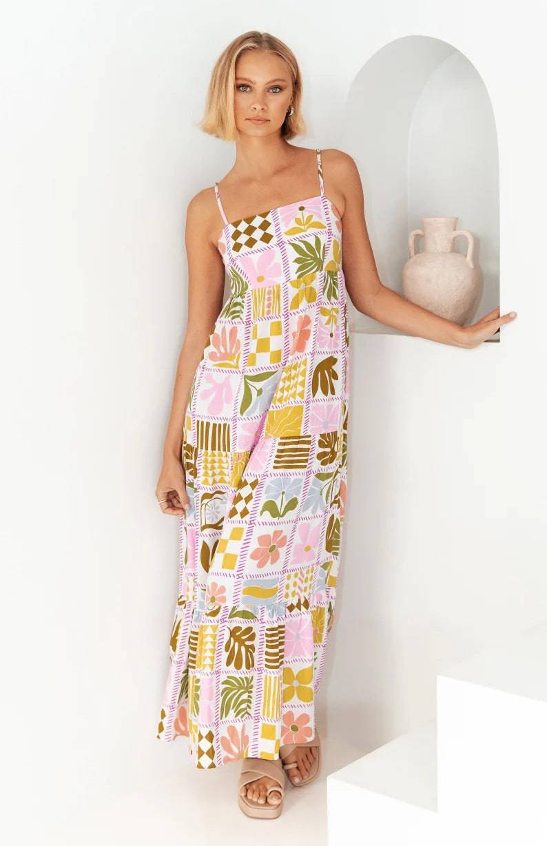 Elegant Summer Printed Maxi Dress with Square Neck Cutout Detail  S Floral Flower Suspender Skirt 