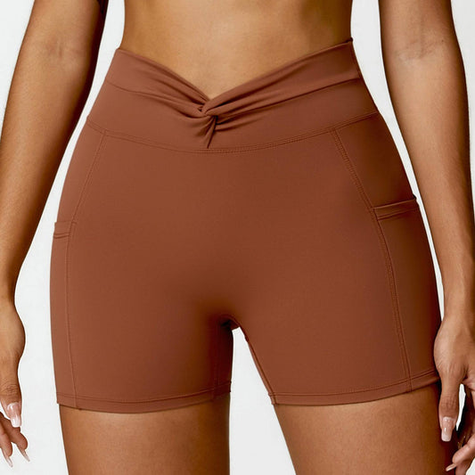 High-Rise Moisture-Wicking Yoga Shorts with Pockets for Women  S Sugar brown 