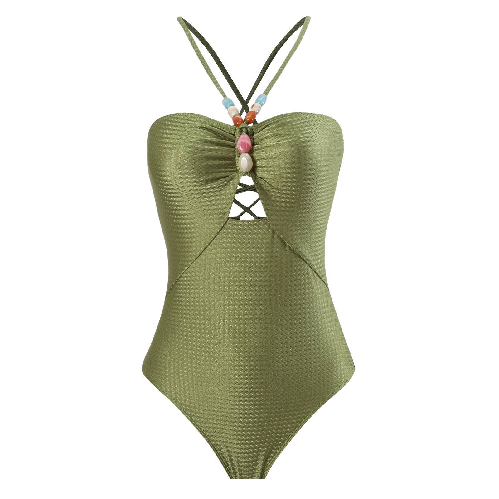 French Retro Boho One-Piece Swimsuit with Belly Coverage for Women  S Green Swimsuit 