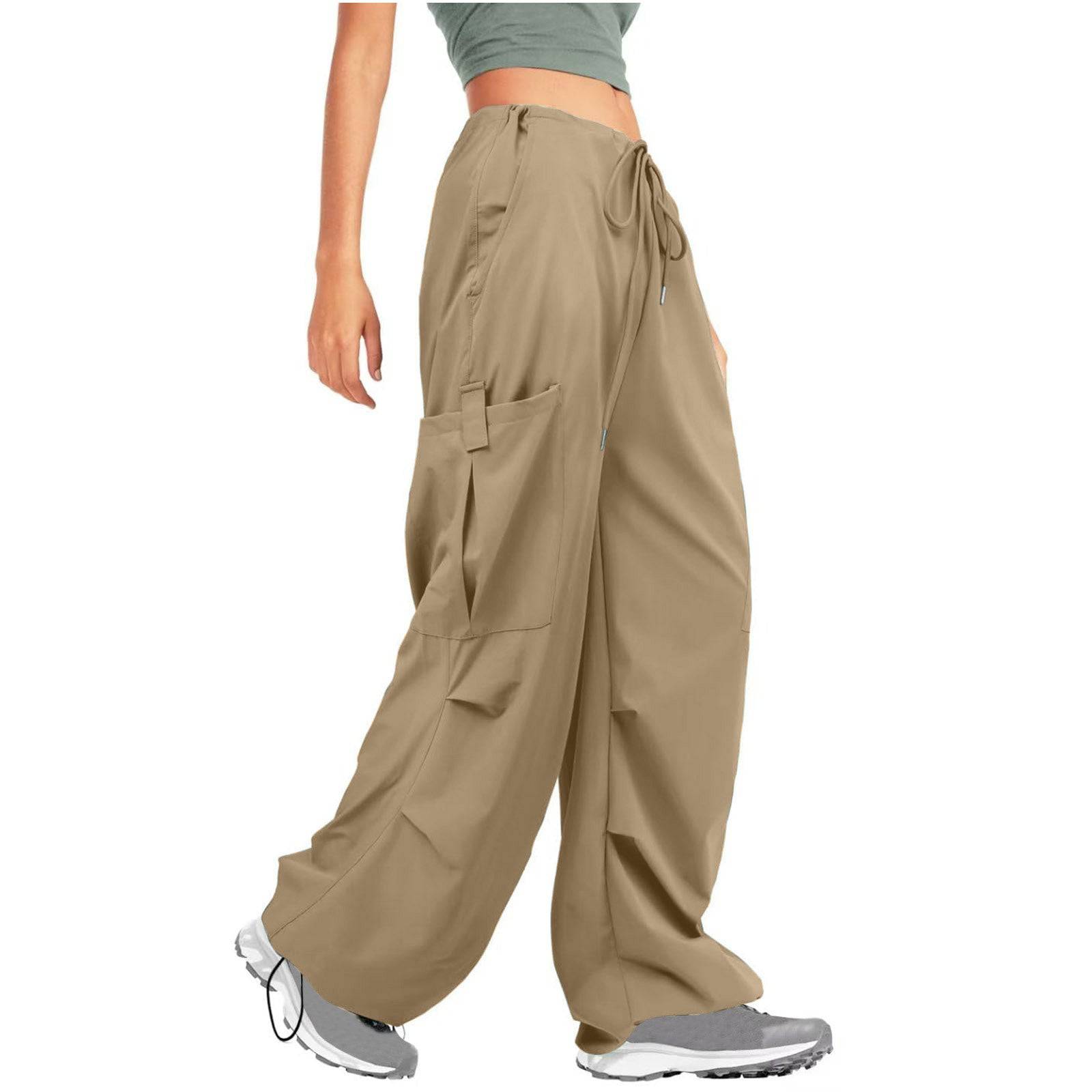 Solid Color Drawstring Women's Casual Sports Overalls  S Khaki 