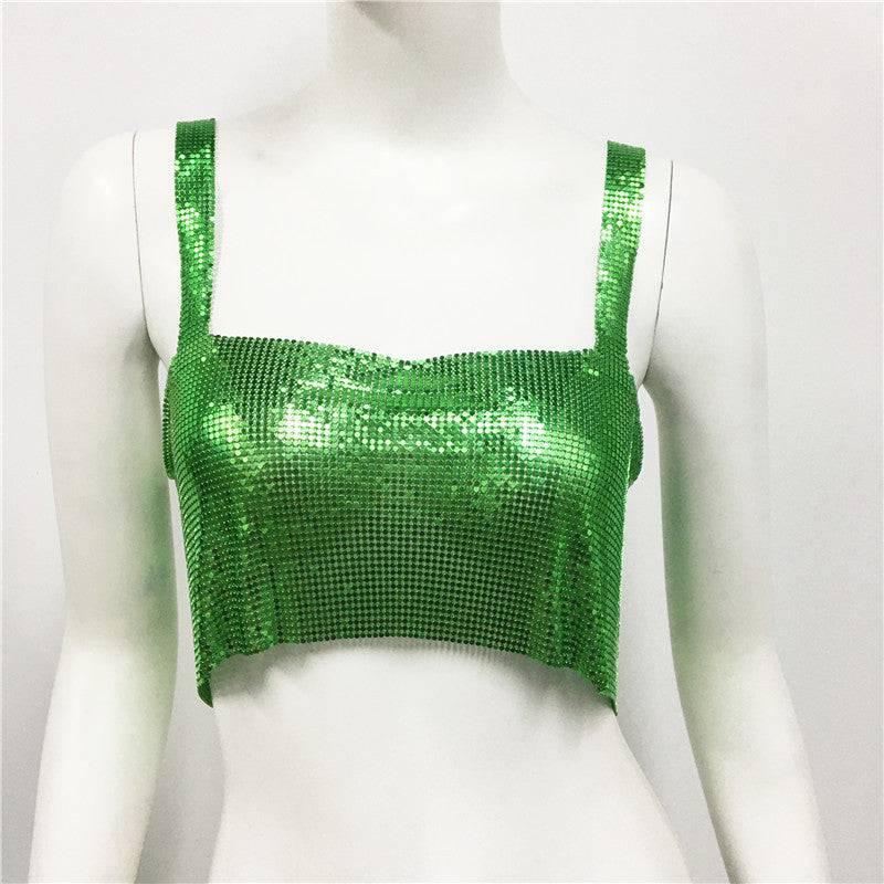 Seductive Metal Sequin Crop Top for Glamorous Nights Out  One Size Green 