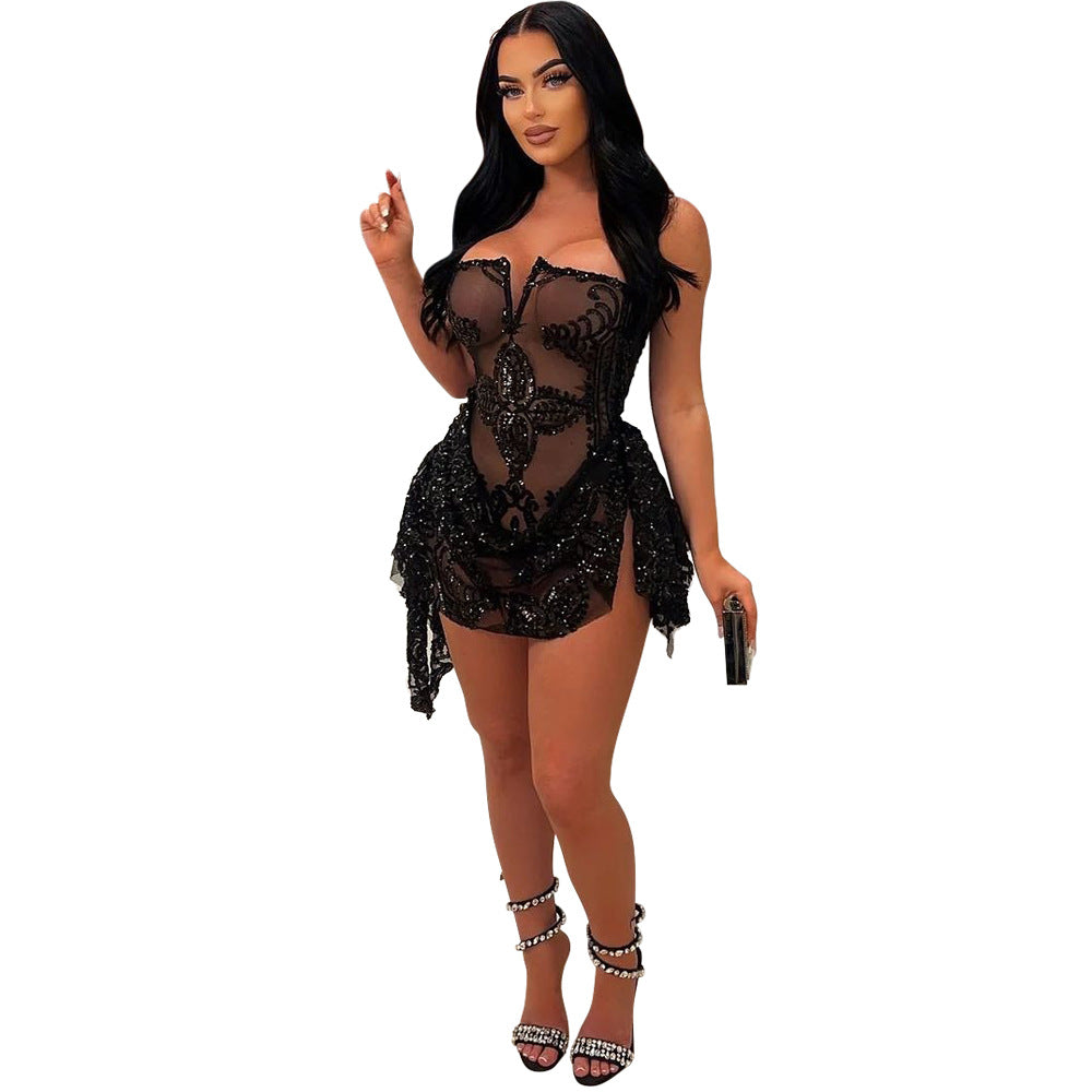 Sexy V Neck Tube Top See Through Sequ Dress Women Fashionable Irregular Asymmetric Dress - Wild Amber Fashion