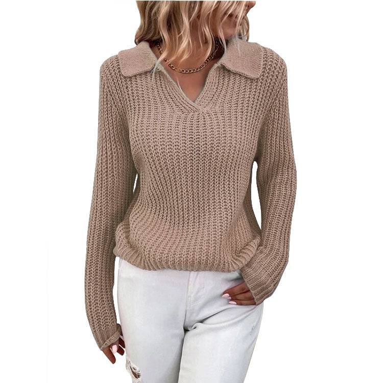 Women's Slim Fit Long Sleeve Polo Collar Knitted Sweater for Fall/Winter  S Khaki 