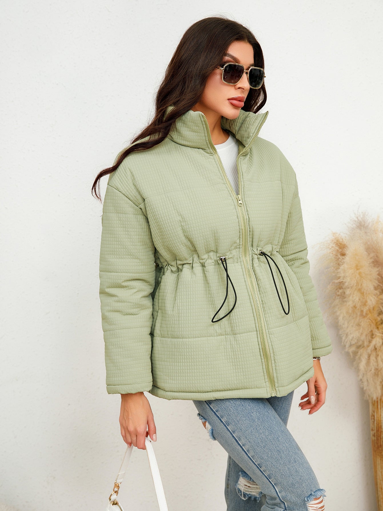 Women Wear Corduroy Cotton Coat Winter Loose Collared Zipper Cinched Drawstring Cotton Padded Coat - Wild Amber Fashion