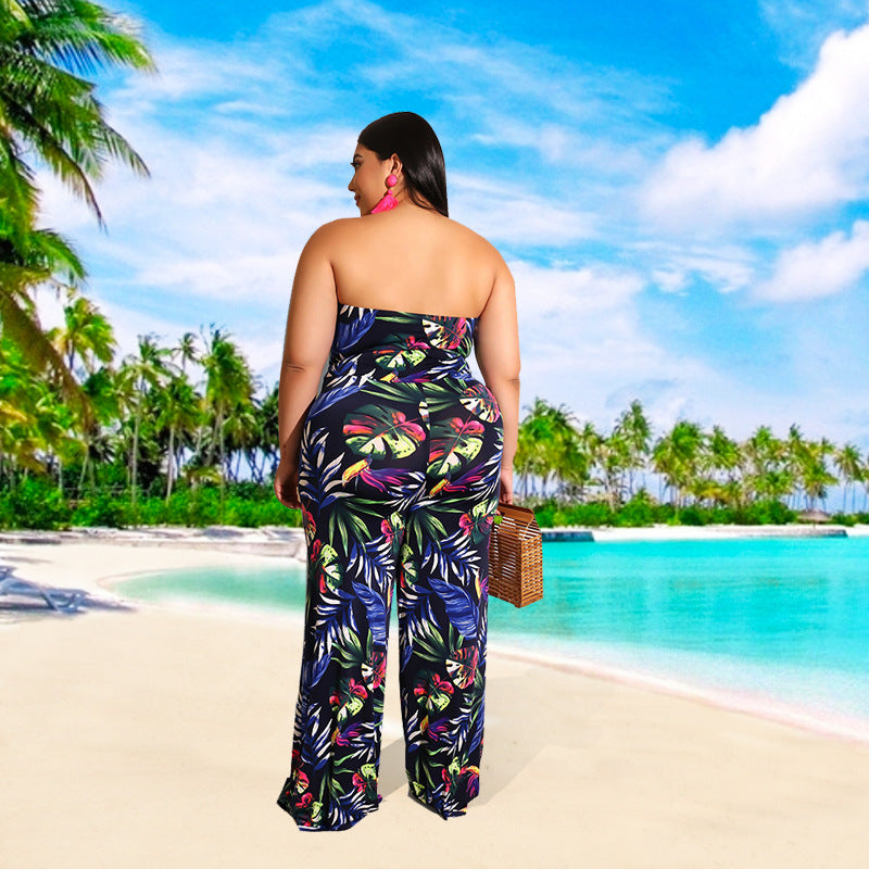 Plus Size Women Clothing New Spring off-the-Shoulder Printed Jumpsuit - Wild Amber Fashion