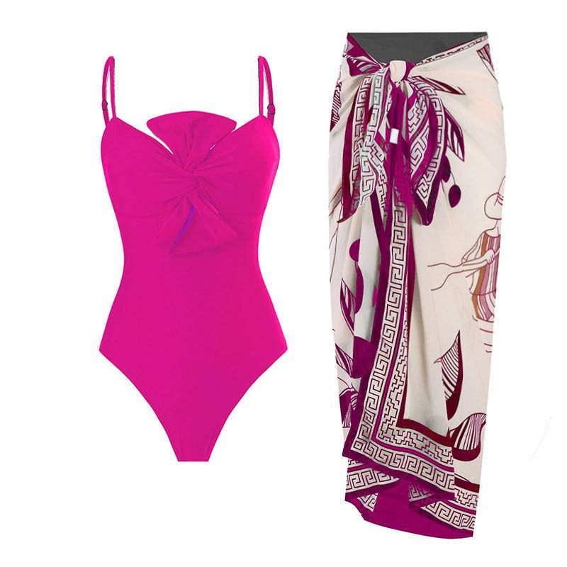 French Retro Bow Design One-Piece Swimsuit for Women  S Rose Pink Suit 