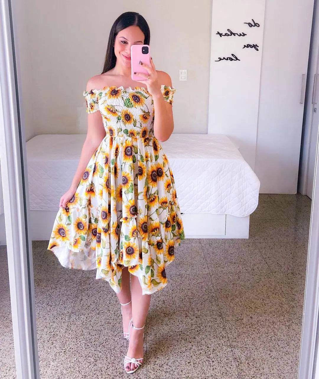 Floral Print Off-Shoulder A-Line Midi Dress  S Yellow 