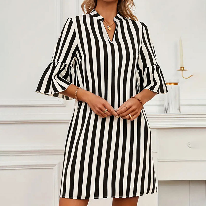 Striped A line Dress Half Sleeve Flared Sleeves Loose Short Dress Spring Summer Women - Wild Amber Fashion