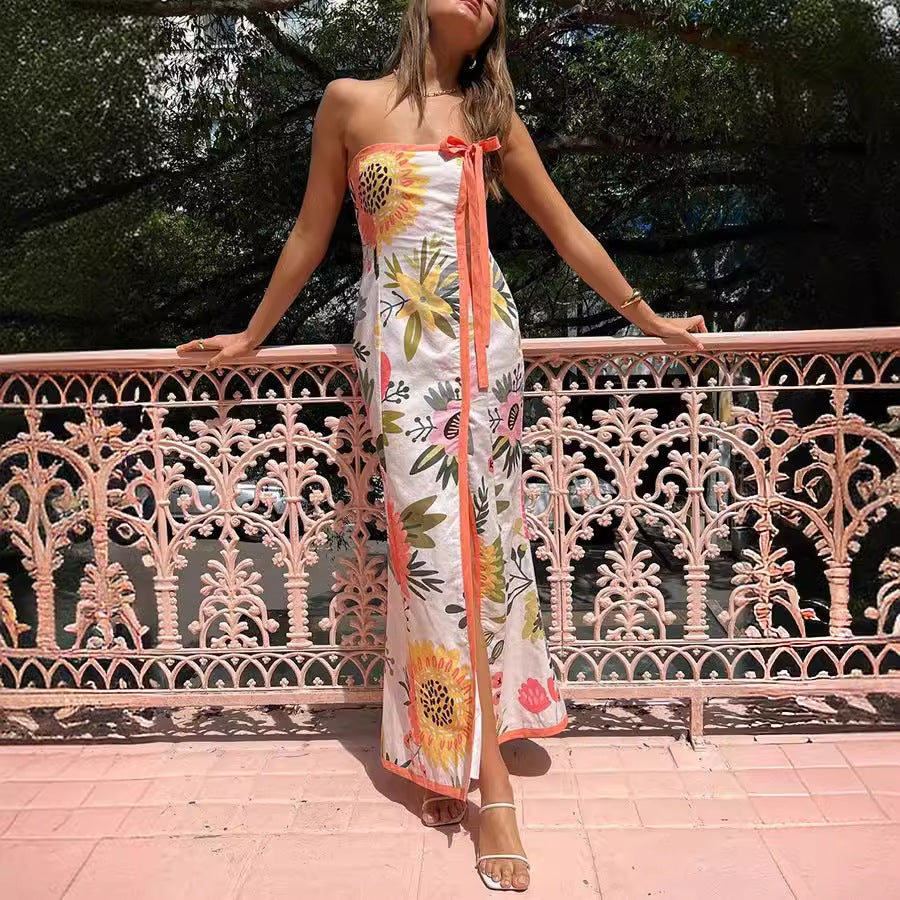 Summer Sexy Split Wrapped Chest Printing Dress Women - Wild Amber Fashion