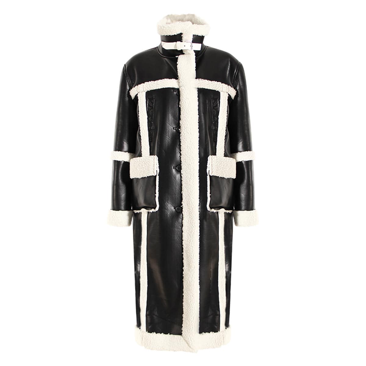 Patchwork Color Contrast Overknee Coat with Fur and Leather  S Black 