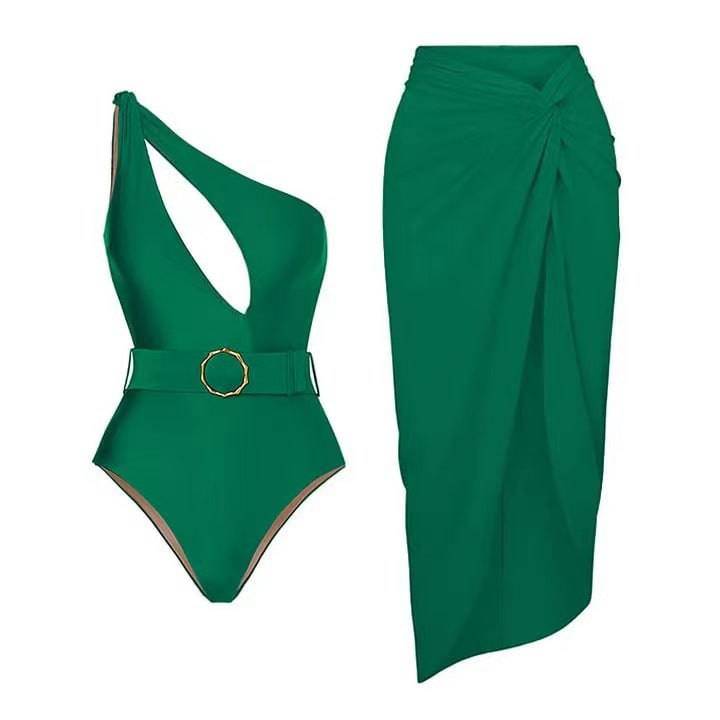 Sexy Boho Summer One Piece Swimsuit with Asymmetric Skirt Detail  S Green Oblique Shoulder One-Piece Suit 