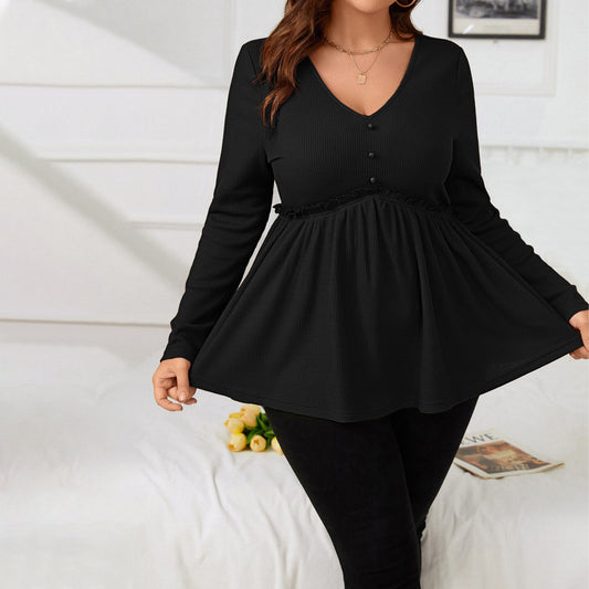 Plus Size Women V neck Long Sleeved T shirt Autumn Winter Elegant Fashionable All Match Slim Top for Women - Wild Amber Fashion