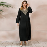 Plus Size Middle East Muslim Autumn Winter Long Sleeve Flared Sleeves Robe Dress V neck Embroidery - Wild Amber Fashion