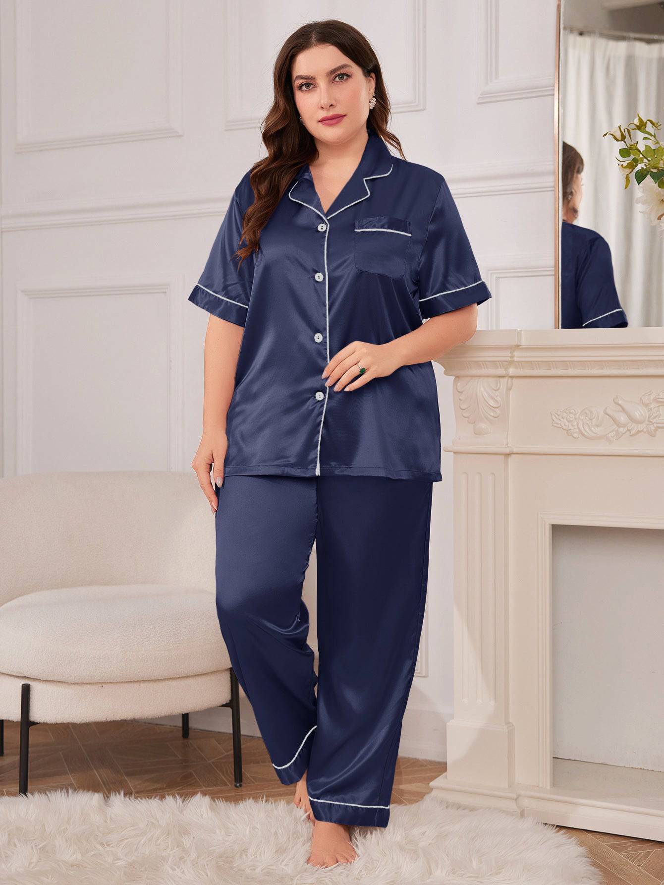 Plus Size Ice Silk Nightdress Spring Summer Simple Homewear Sexy Silk Cardigan Nightgown Women Pajamas Suit - Wild Amber Fashion