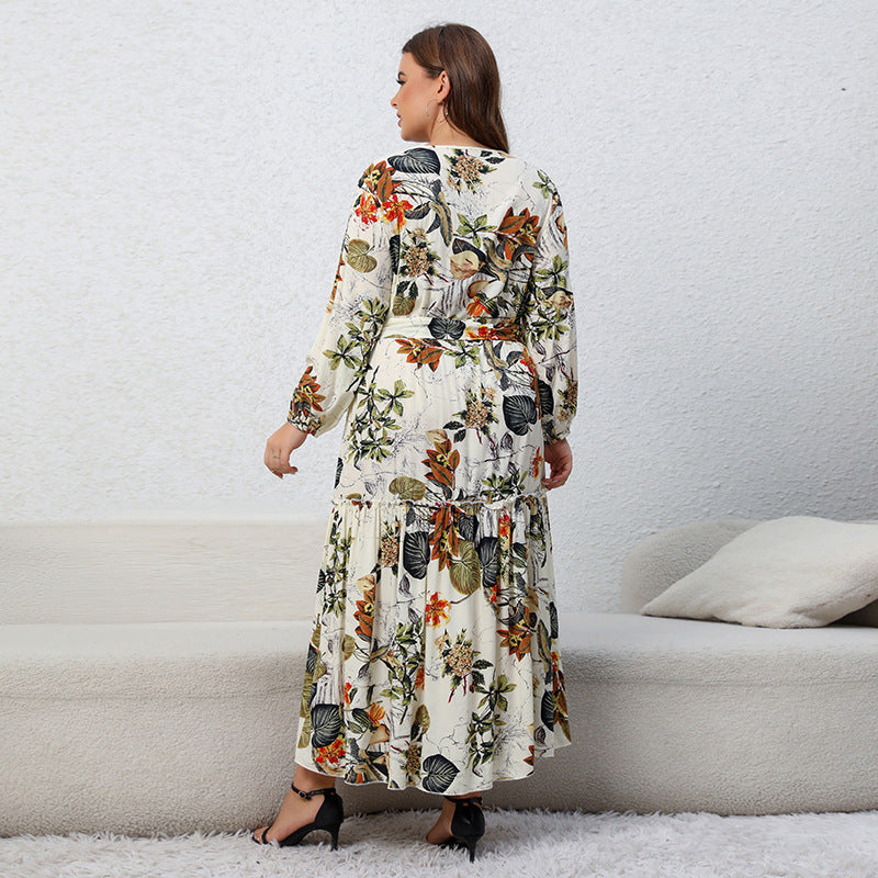 Plus Size Spring Dress Printed V neck Long Sleeve Floral Dress Loose Swing Dress - Wild Amber Fashion