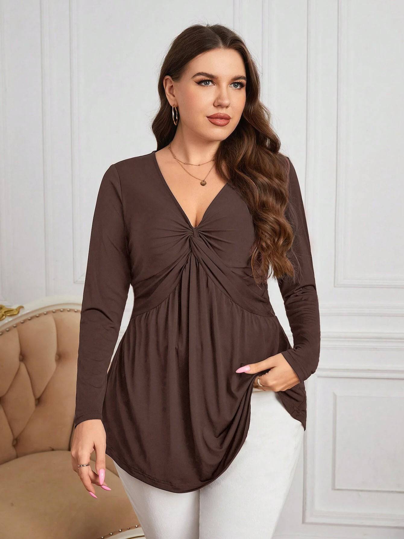 Elegant V-Neck Waist-Controlled Knitted Top for Plus Size Women  1XL Coffee 