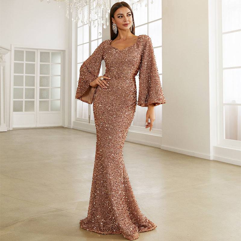 Elegant Sequin V-Neck Evening Dress for Women  S Gold 