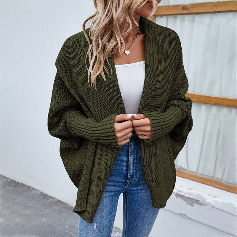 Women's Loose-Fit Knitted Batwing Sleeve Cardigan Coat  L Army Green 