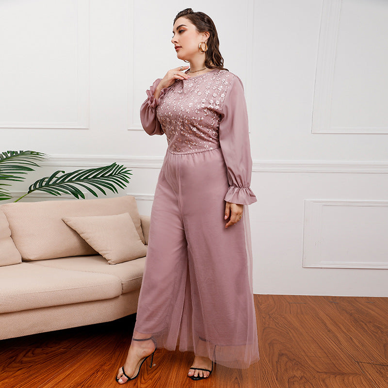 Plus Size Middle East Light Luxury Dress Elegant One Piece Trousers High Waist Loose Wide Leg Flared Pants - Wild Amber Fashion