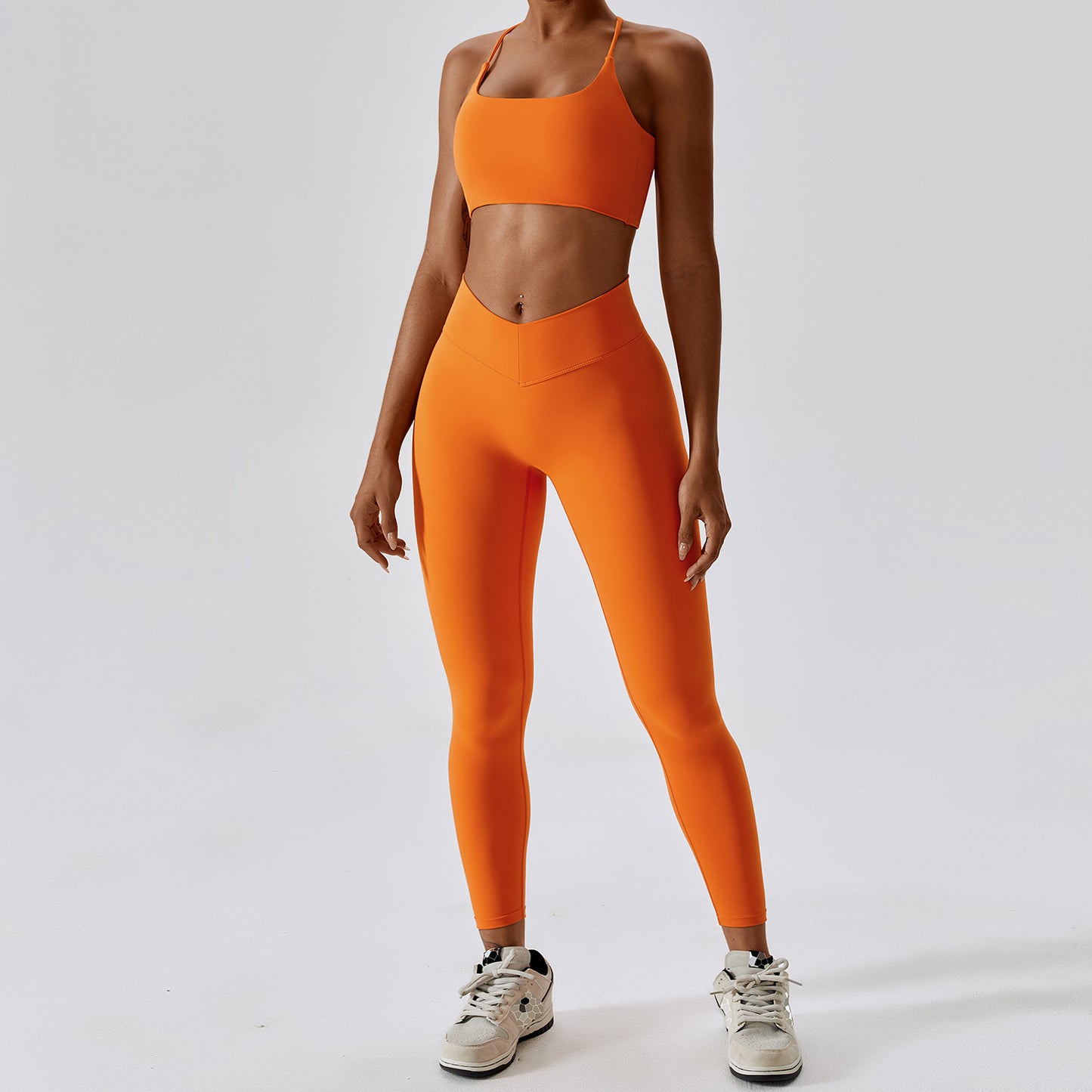 Stylish and Comfortable Yoga Clothes with Sexy Back Design for Women  8/S Spaghetti Strap Bra Trousers Tropical Orange 