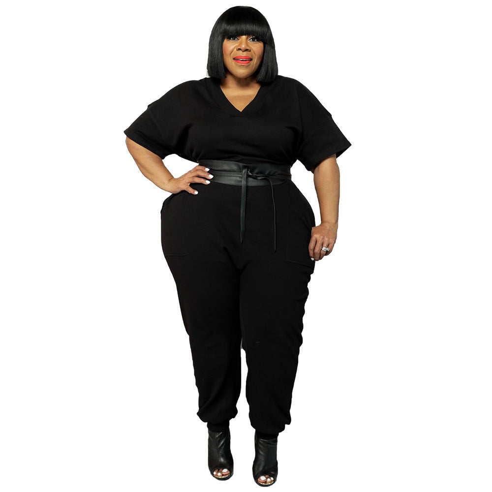 Plus Size Women Clothes Sports Pants Casual Sweatpants V neck Jumpsuit - Wild Amber Fashion