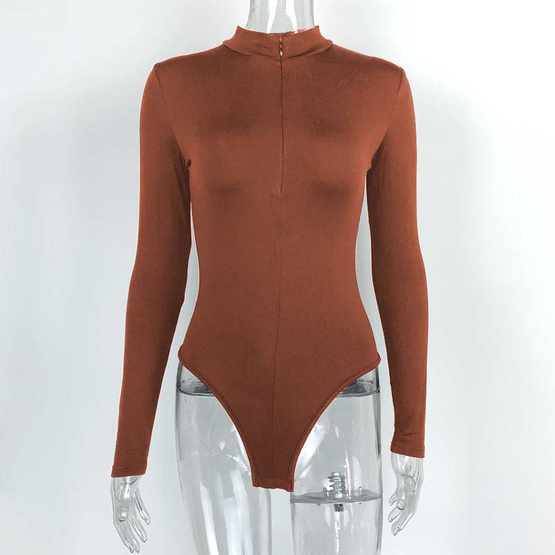 Zippered Long Sleeve Bodysuit for Women - Perfect for Autumn/Winter  S Brown 