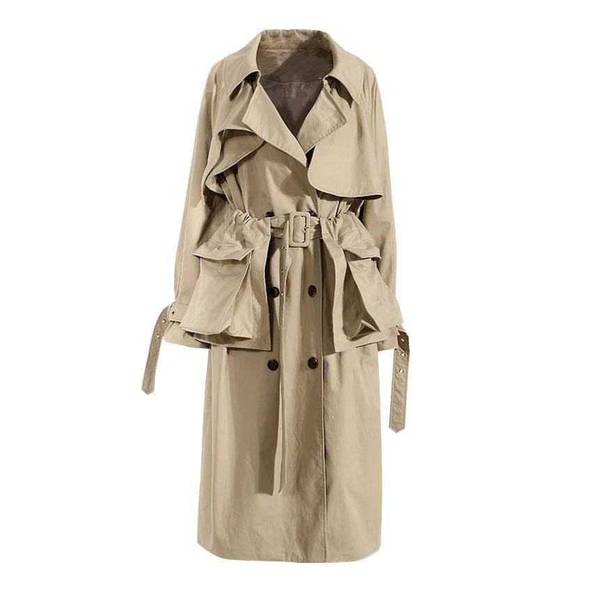 Khaki Cotton Trench Coat Women Spring British Long Below The Knee Removable Large Pocket Tie Front Top  S Khaki 