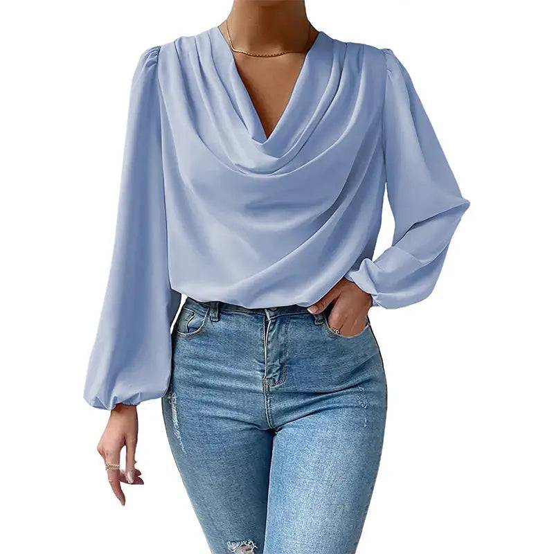 Long Sleeved Shirt Loose Draped V neck Top T shirt Women Clothing  S Sky Blue 