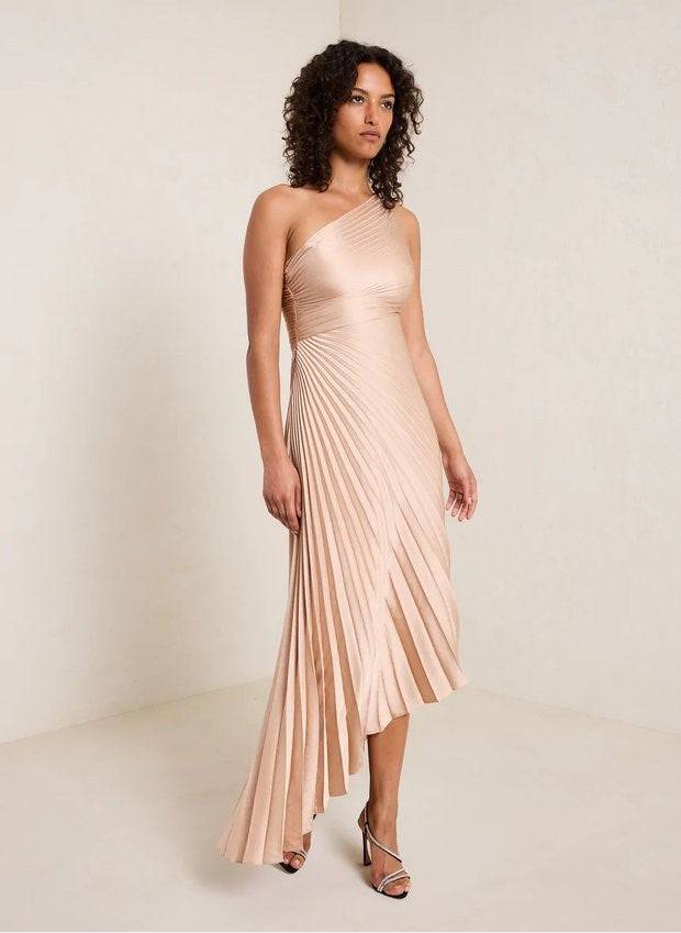 One Shoulder Sun Pleated Satin Dress for Women  S Apricot 