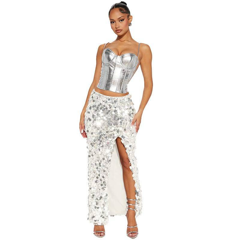 Sparkling Sequin Maxi Dress with Stylish Slit  S White 