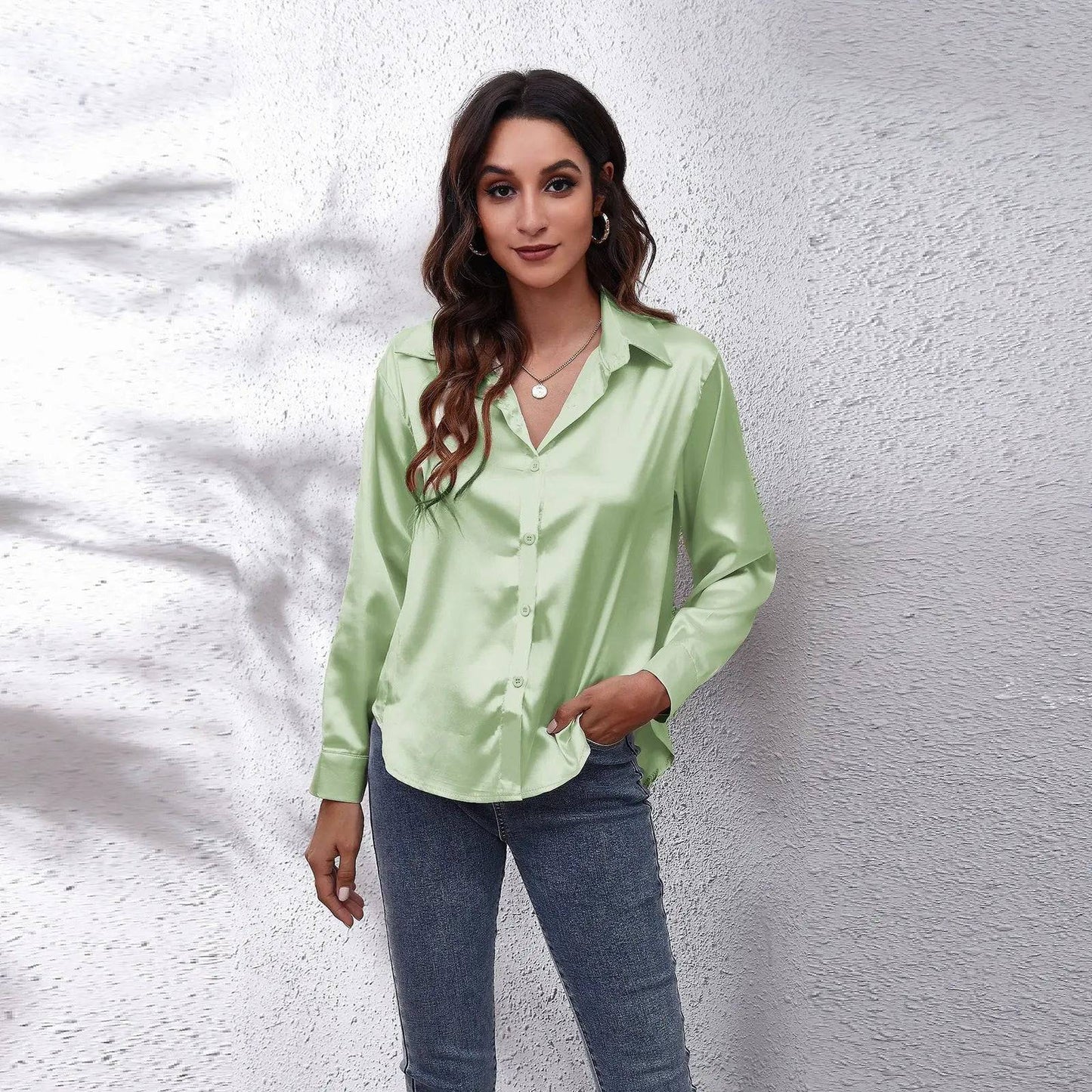 Satin Silk Long Sleeve Shirt for Women  S Light Green 