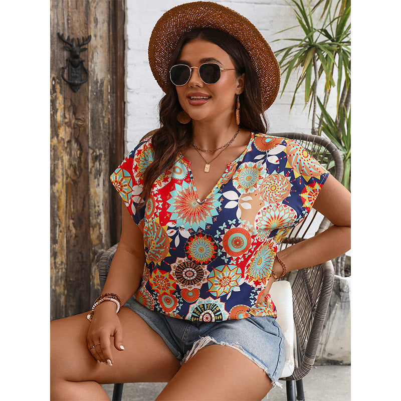 Summer Vacation Casual Women Shirt V neck Pullover Print Shirt Women - Wild Amber Fashion