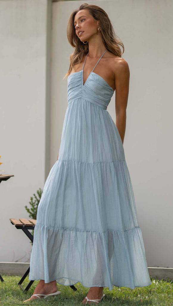 Elegant V-Neck Sleeveless Maxi Dress for Women  S Blue 