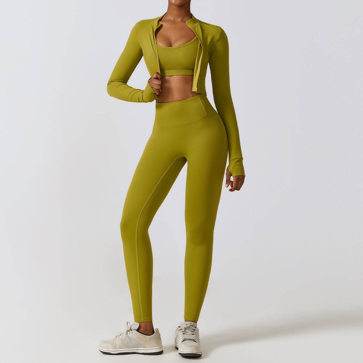 Elevate Your Active Style Three Piece Yoga Set  S Bra Coat Trousers Matcha Green 