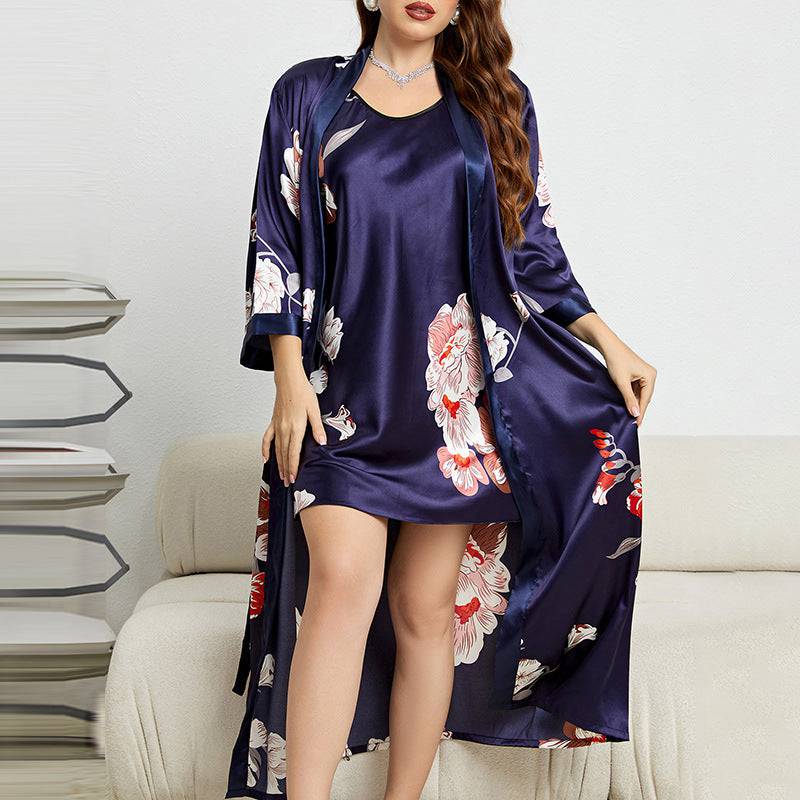 Plus Size Summer Imitated Silk Pajamas Sexy Lace Bathrobe Slip Nightdress Two Piece Women Ice Silk Nightgown - Wild Amber Fashion