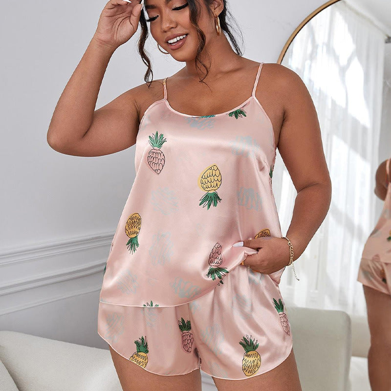 Plus Size Pajamas Cartoon Pineapple Home Wear Simple Set Casual Comfortable Home Suspender Shorts - Wild Amber Fashion