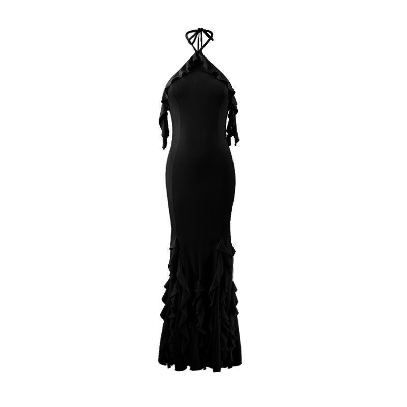 Women Summer Sexy Halter Backless Sheath Ruffled Pleated Drape Evening Dress Maxi Dress - Wild Amber Fashion