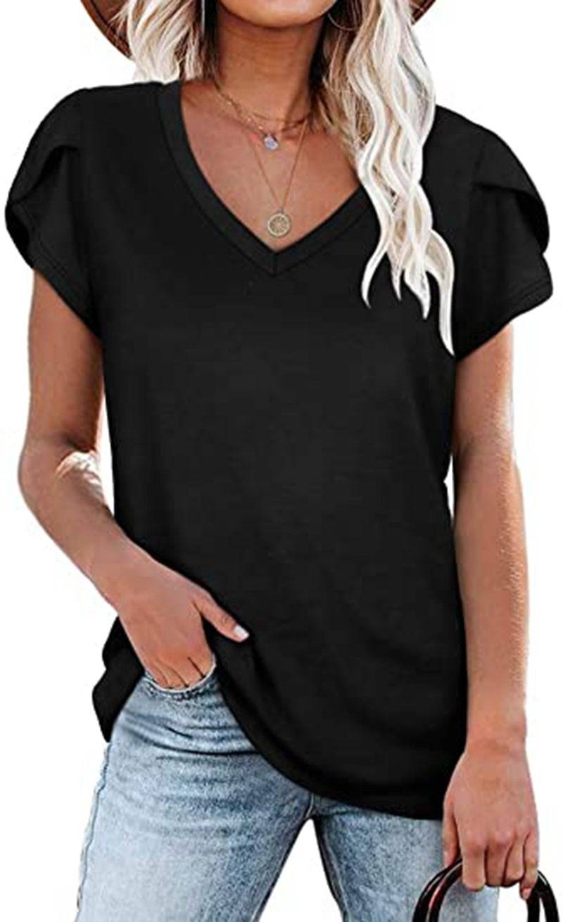 Women's Summer V-Neck Cotton T-Shirt  S Black 