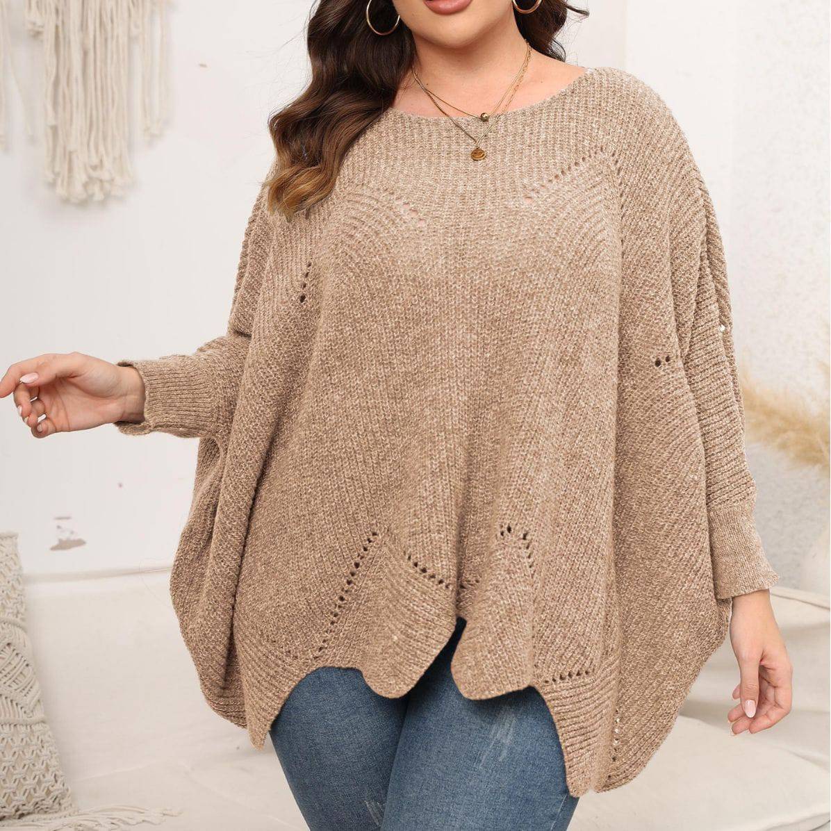 Stylish Plus Size Women's Woven Pullover for Autumn and Winter  1XL Khaki 